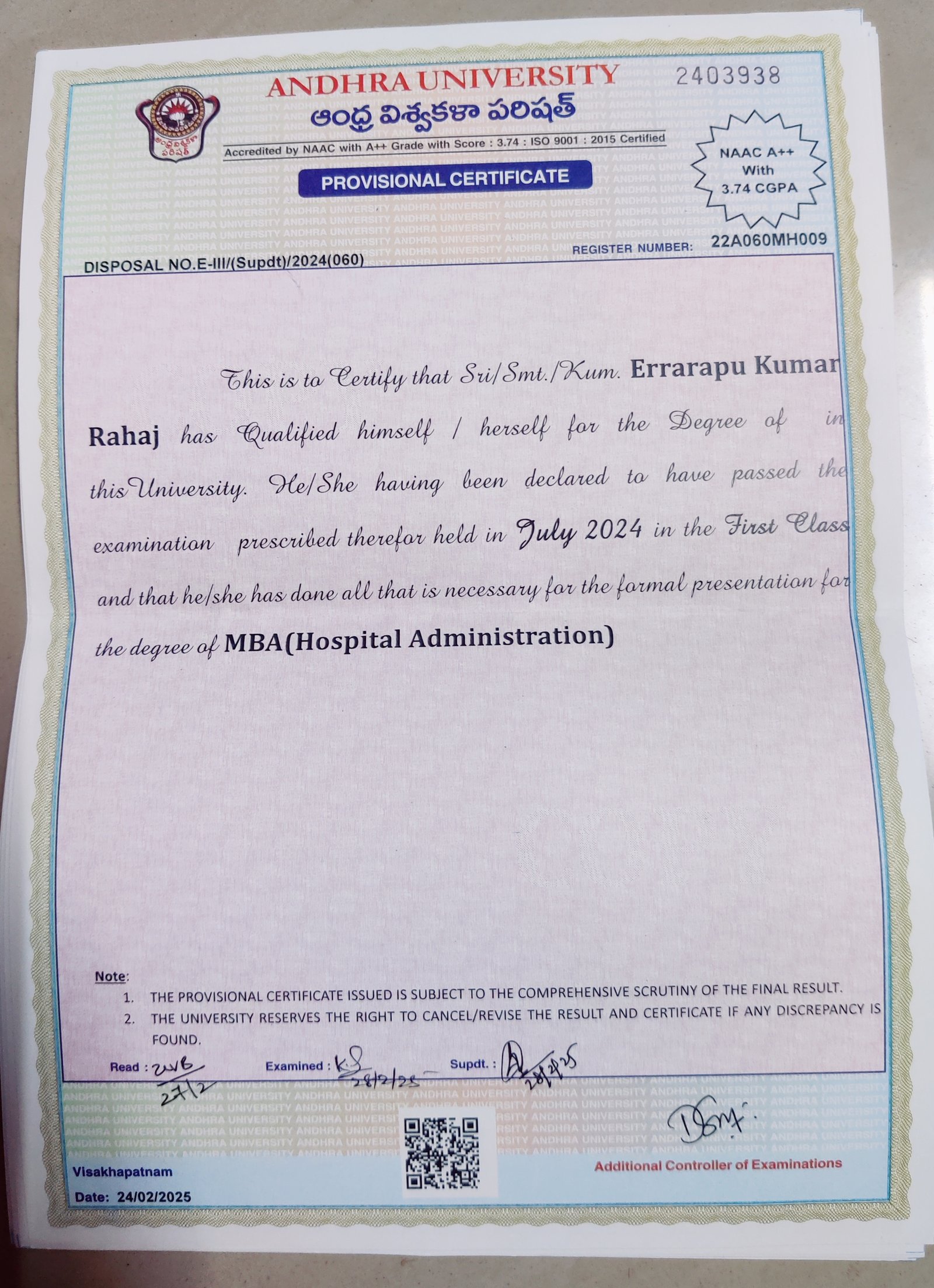 Andhra University MBA in Hospital Administration certificate, Dr. Kumar Rajah